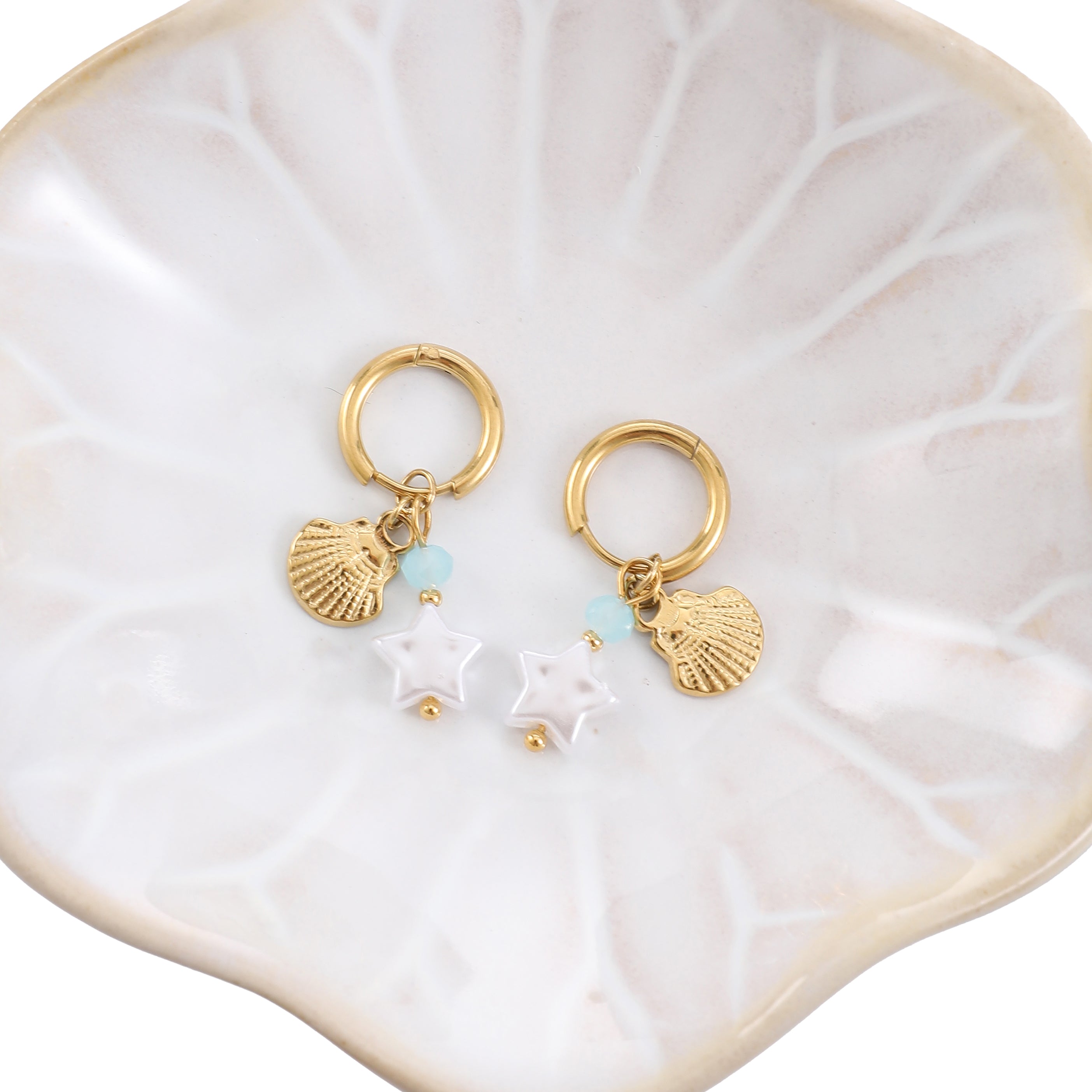 Gold Star & Shell Charm Earrings