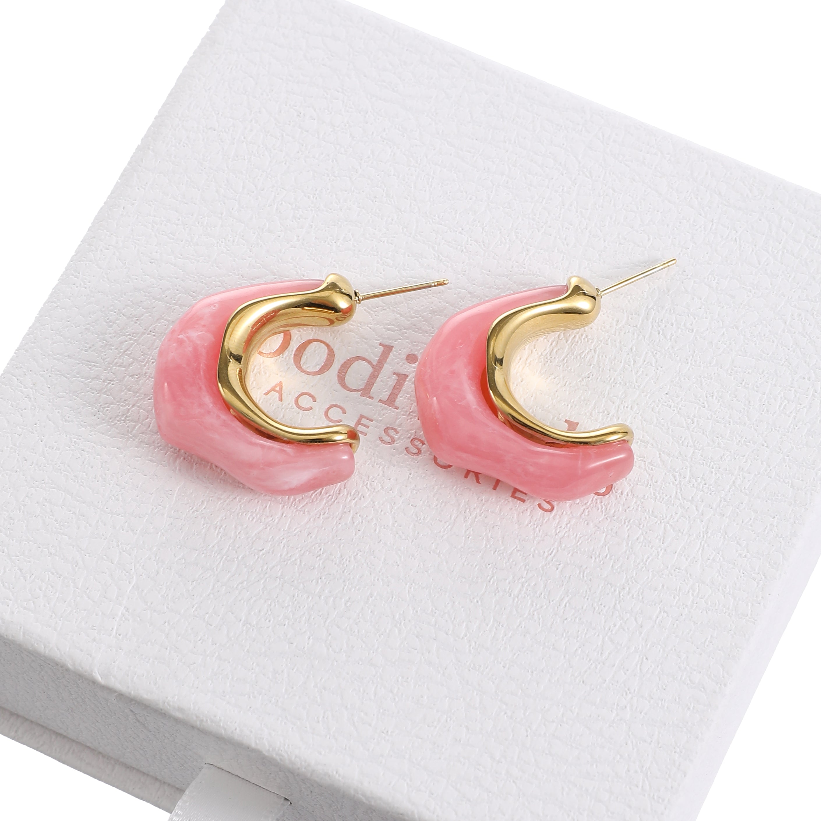 Gold & Pink Resin Crescent Earrings