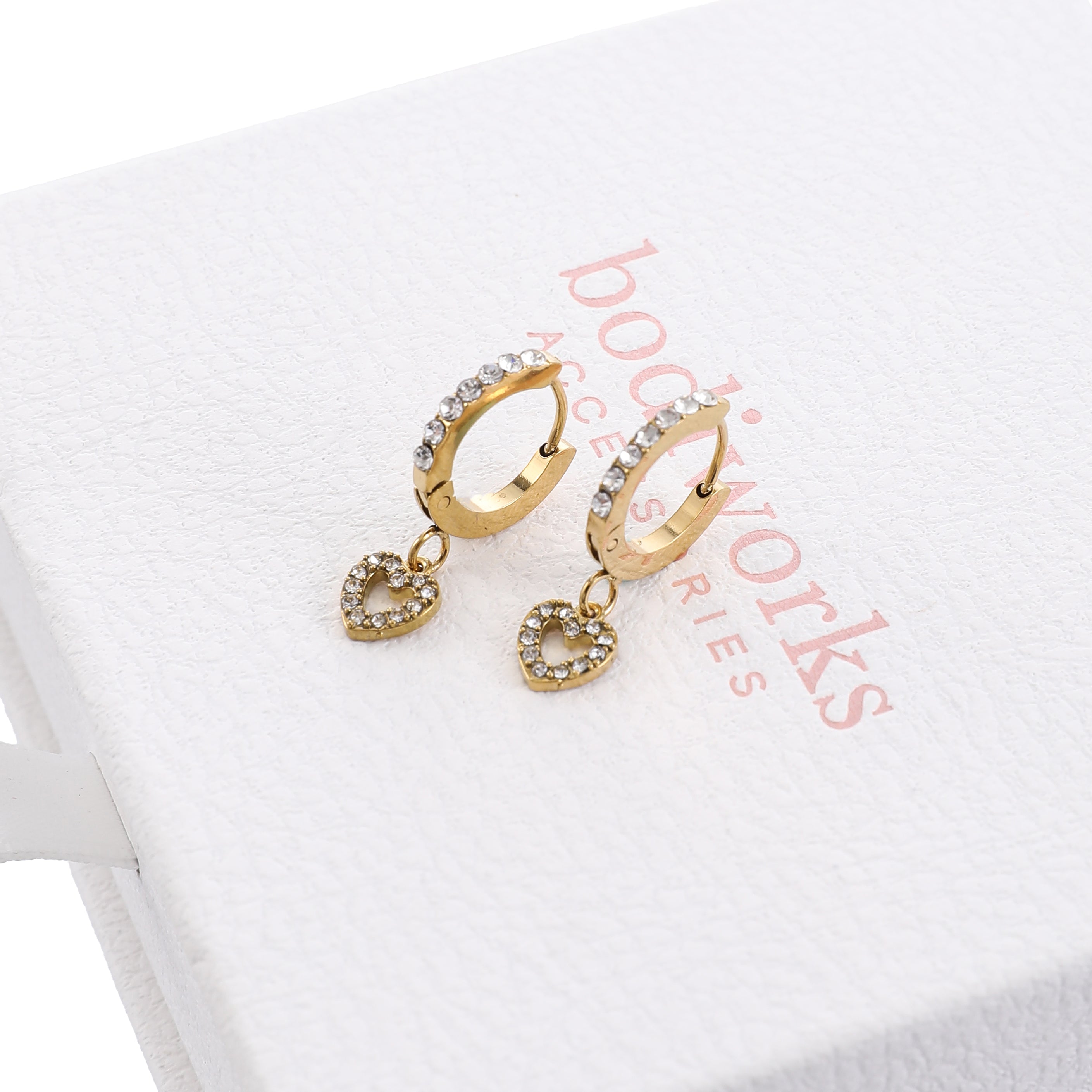 Gold Crystal Heart Drop Earrings