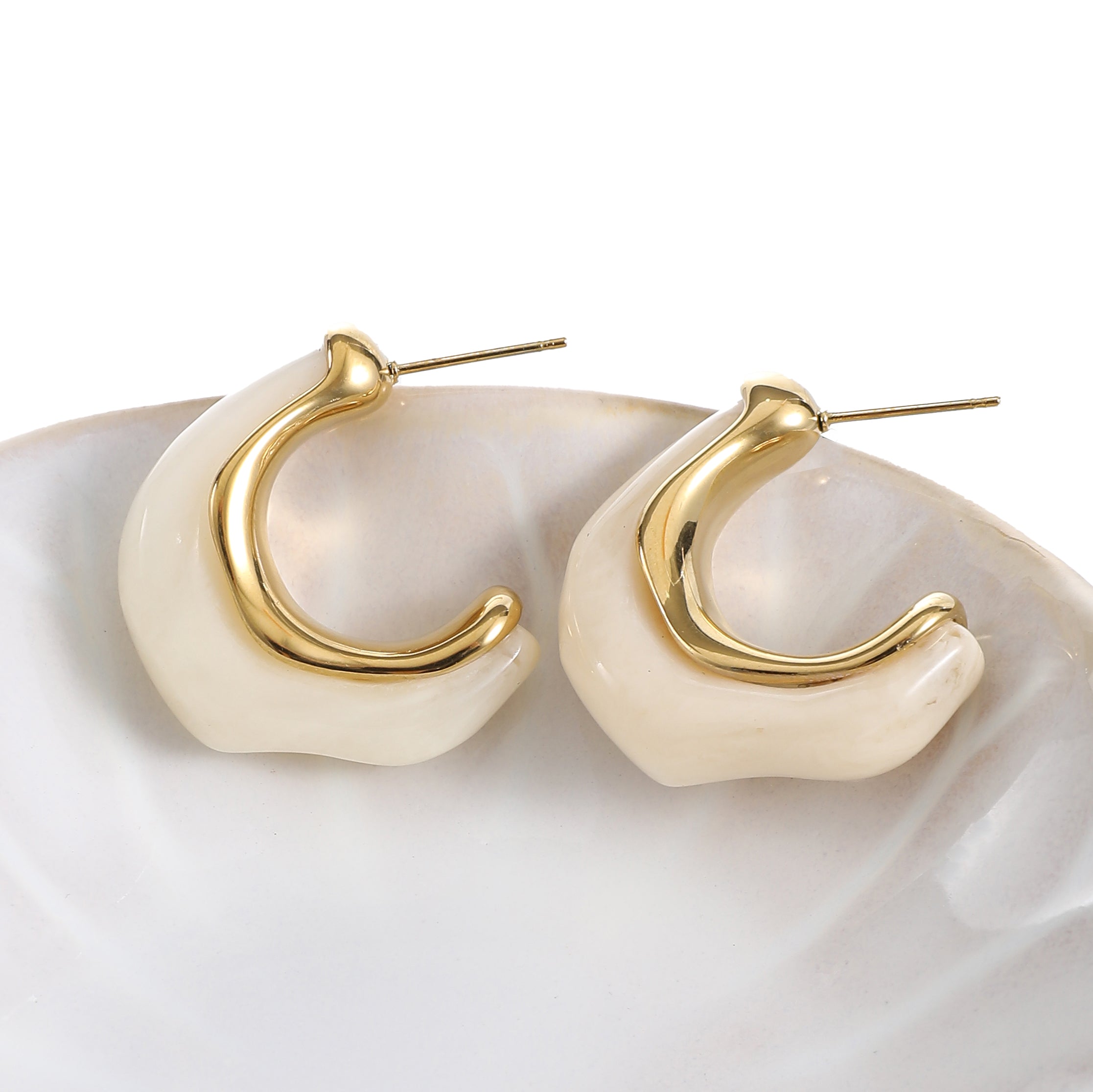 Gold & White Resin Crescent Earrings